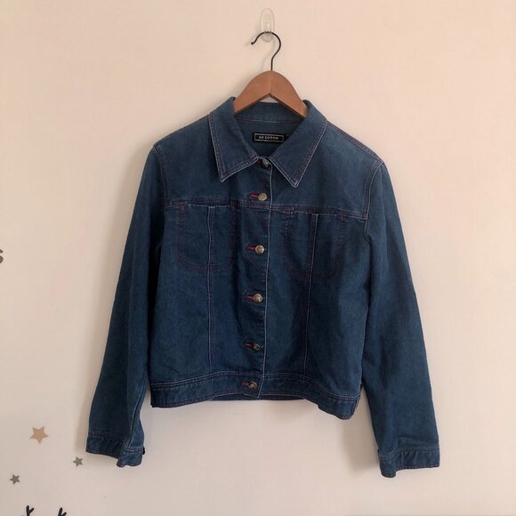 RARE Vintage Y2K AU COTON Brand Denim Jacket Women Size M Red Stitching Cotton - Picture 1 of 7